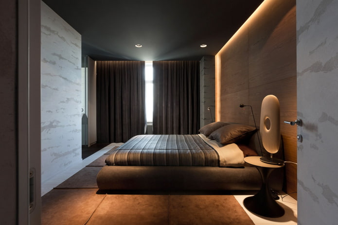 black ceiling in the bedroom interior