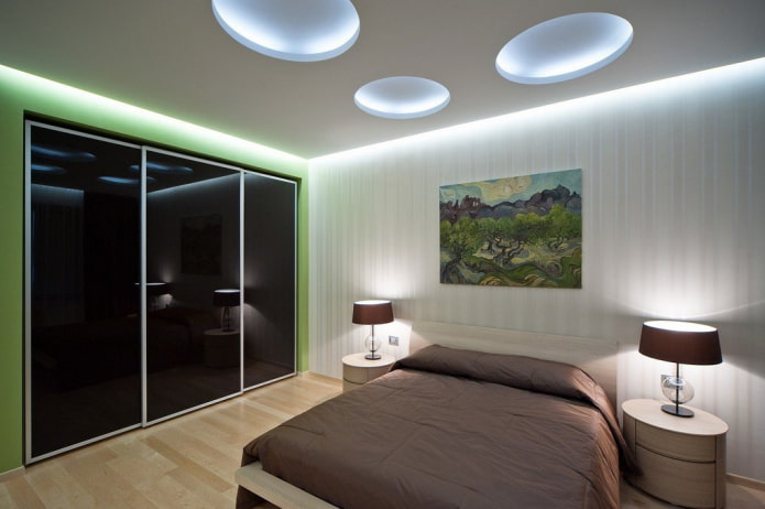 geometric shapes on the ceiling in the interior of the bedroom