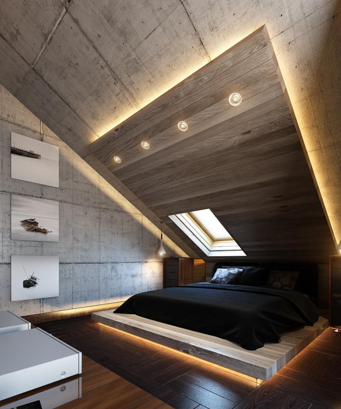 istraktura ng kisame sa attic sa isang modernong istilo
