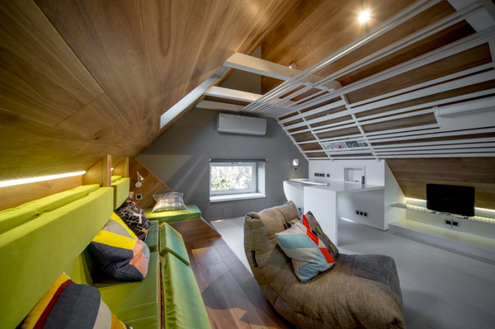 wooden ceiling in the attic