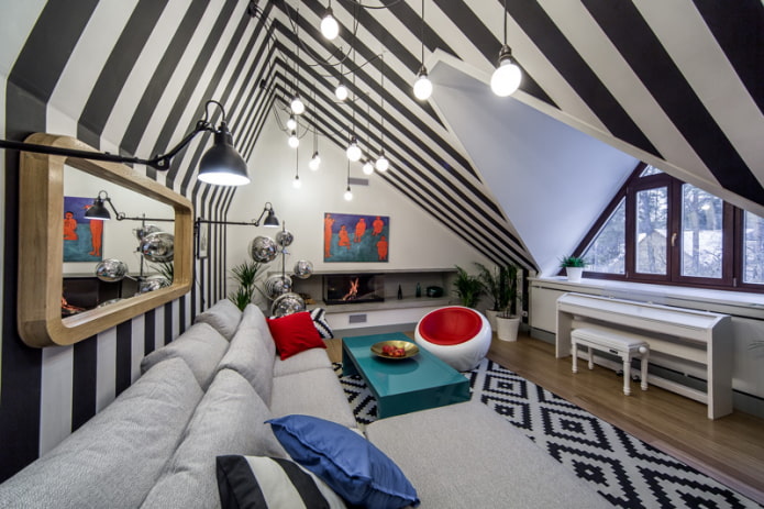 black and white ceiling on the attic floor
