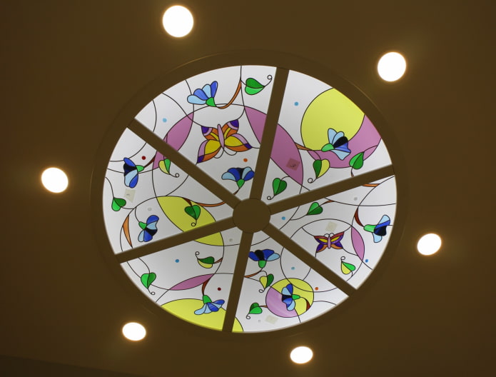 stained glass construction with spot lighting