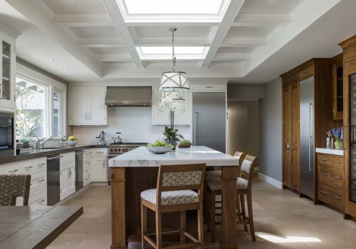 coffered ceiling in the interior of the kitchen