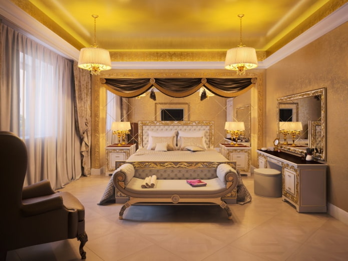 golden ceiling in the interior of the bedroom