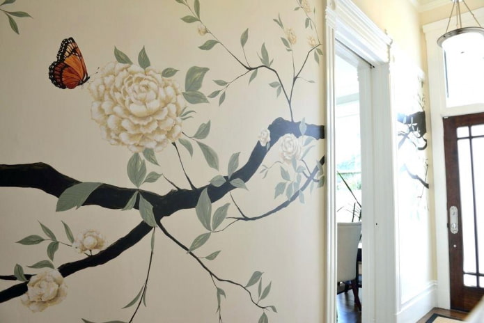 drawings of flowers on the walls in the corridor