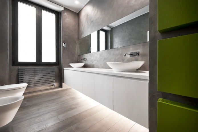 gipsz a fürdőszoba belsejében a minimalizmus stílusában