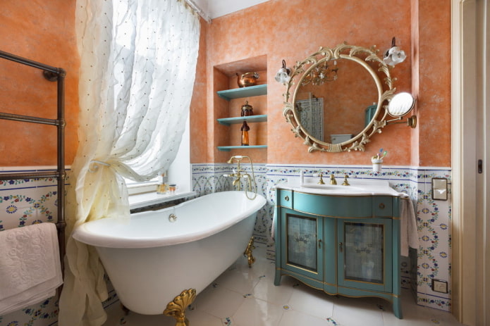 plaster in combination with tiles in the bathroom interior