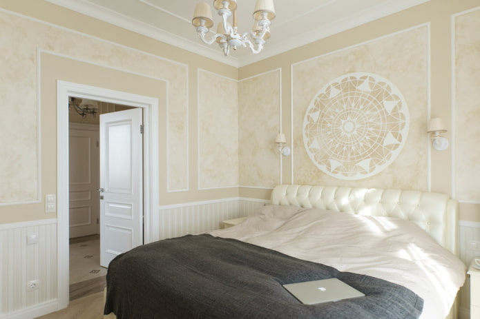 beige plaster in the bedroom interior