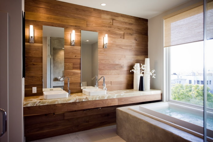 laminate on the wall in the bathroom interior