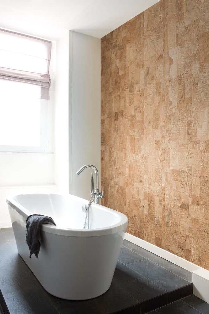 cork covering on the wall in the bathroom interior