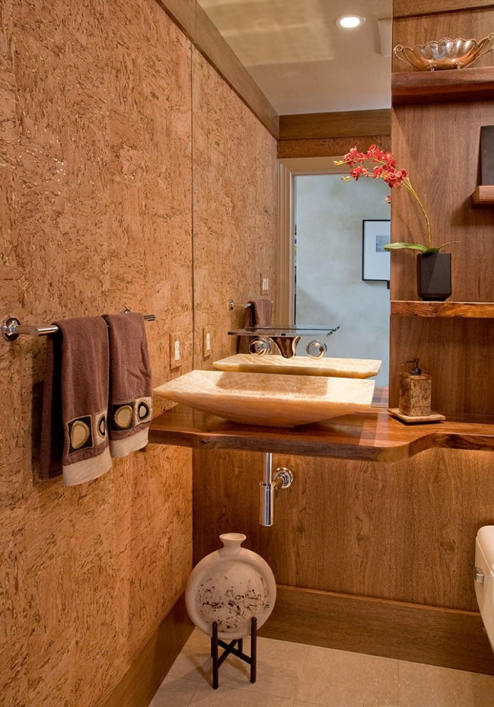 cork covering on the wall in the bathroom interior