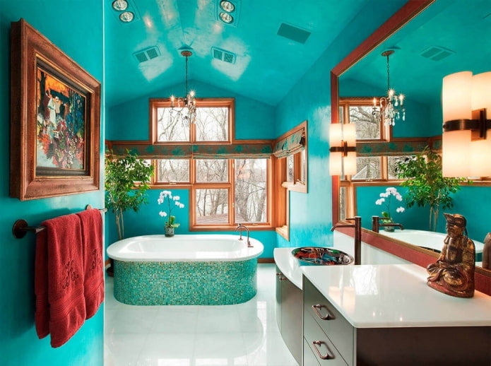 turquoise walls in the bathroom interior