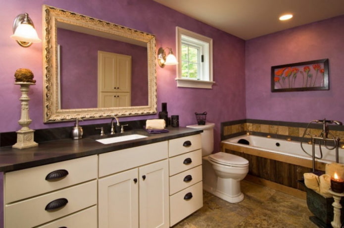 purple walls in the bathroom interior