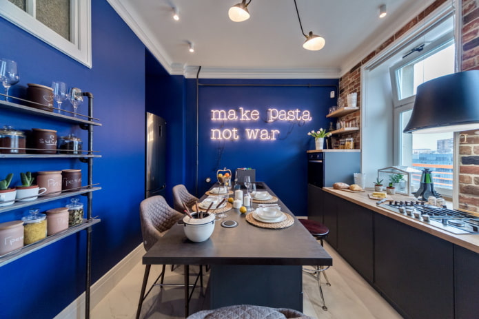 blue walls in the interior of the kitchen