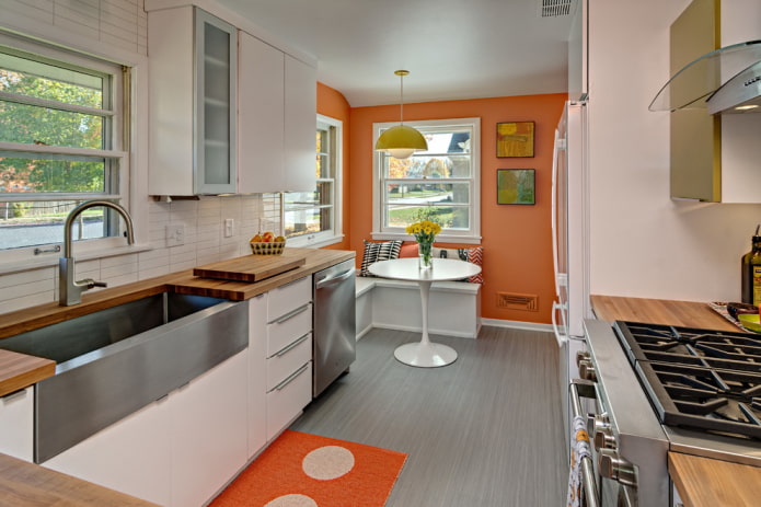orange walls in the interior of the kitchen