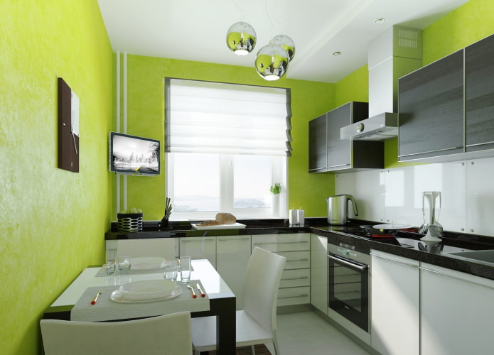 zöld falak a konyha belsejében