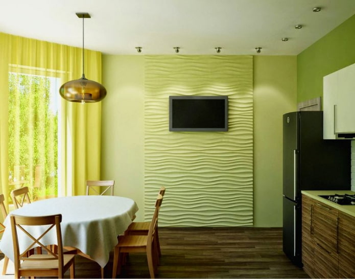 green walls in the interior of the kitchen