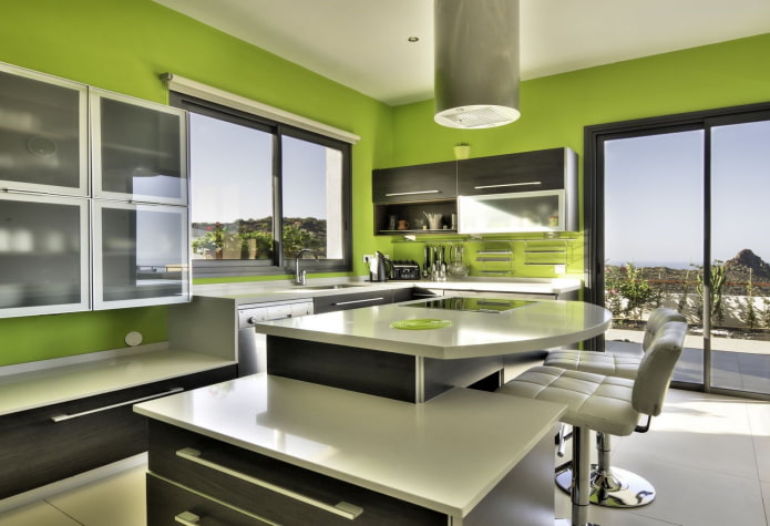 green walls in the interior of the kitchen