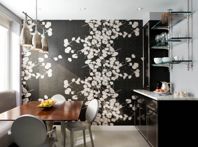 black and white walls in the interior of the kitchen