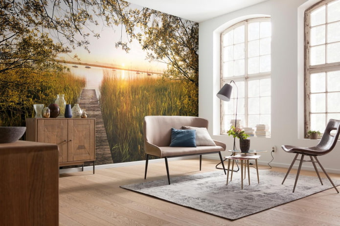 photo wallpaper in the interior of the living room