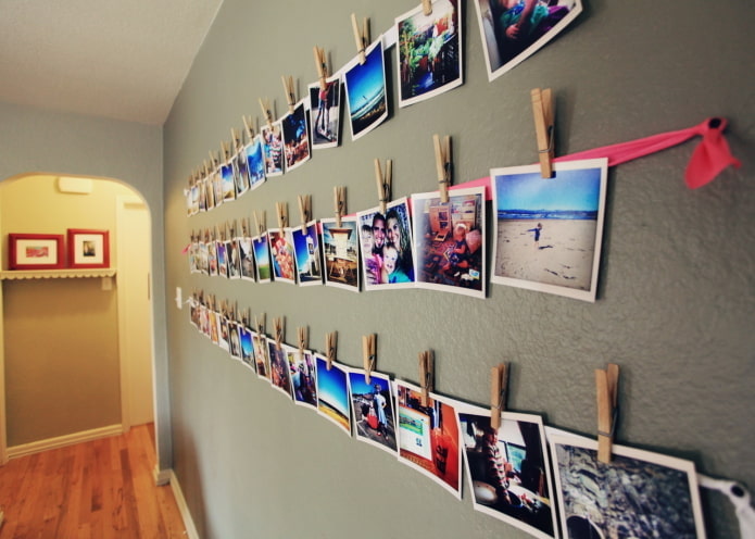 photos on clothespins in the interior