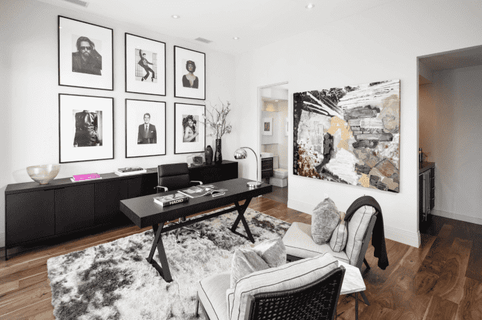 black and white photographs in the interior