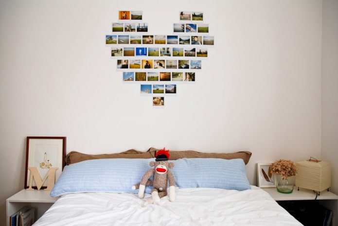 photos in the form of a heart on the wall in the interior
