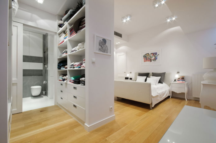 white wardrobe in the form of a partition in the interior