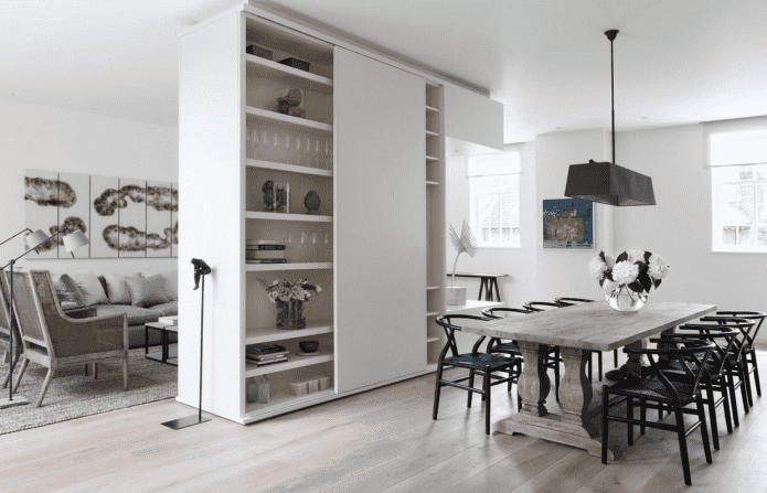 wardrobe in the form of a partition in the interior of the kitchen-living room