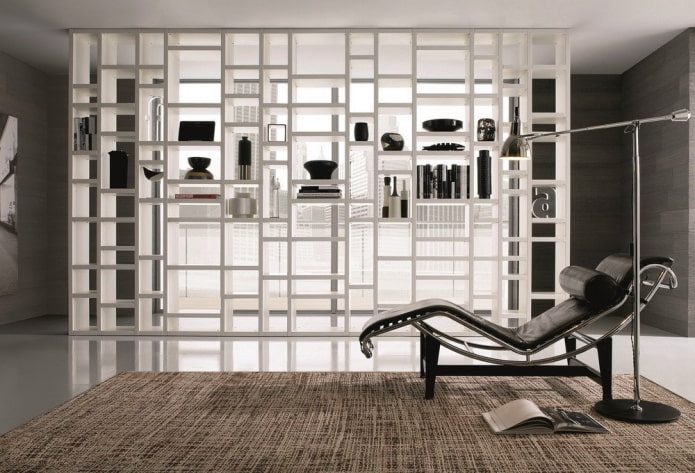 partition in the form of a rack in a high-tech interior