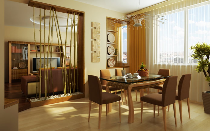 bamboo partition in the interior of the kitchen-living room
