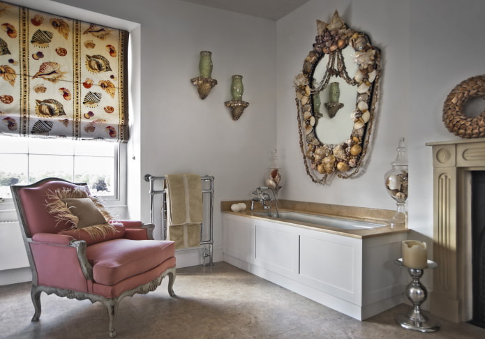 mirror with shells in the bathroom interior