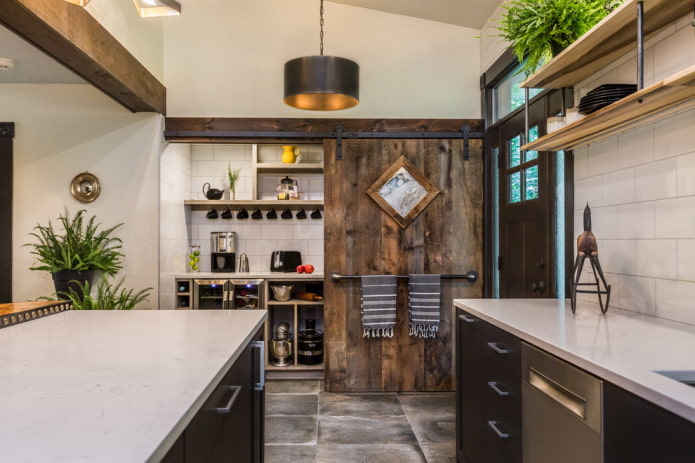 door made of boards in a loft-style kitchen