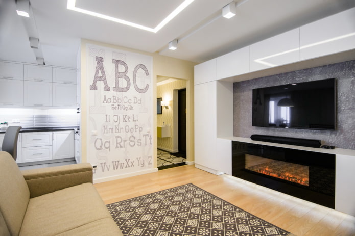fireplace under the TV in the interior