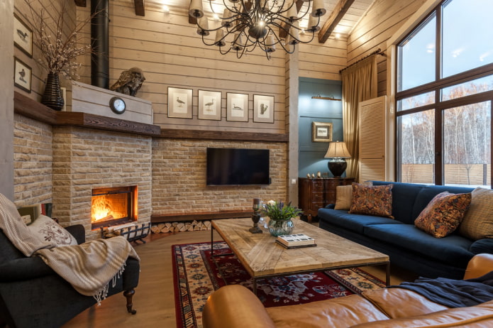 fireplace and TV in the interior of the living room in country style