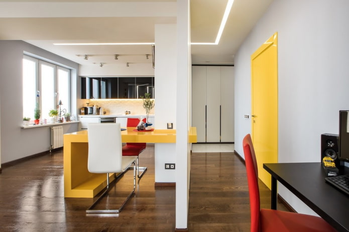 Kombination von Türfarbe mit Boden und Möbeln im Innenraum