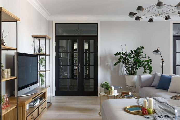 black doors in the interior of the living room