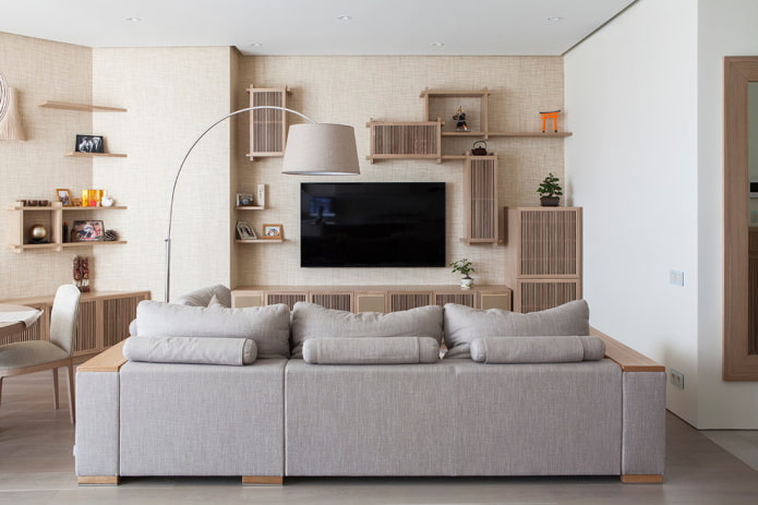 TV area with a wall with shelves in the interior