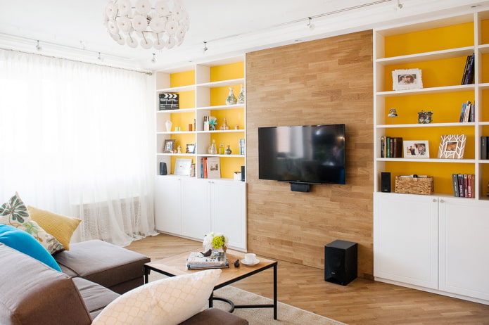 TV area with a laminate wall in the interior