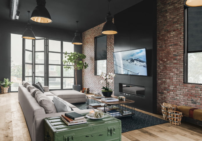 wall-mounted TV in a loft-style interior