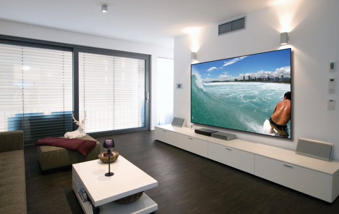 großer wandmontierter Fernseher im Innenraum des Wohnzimmers