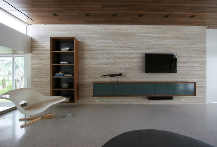 naka-mount na TV sa interior sa istilo ng minimalism