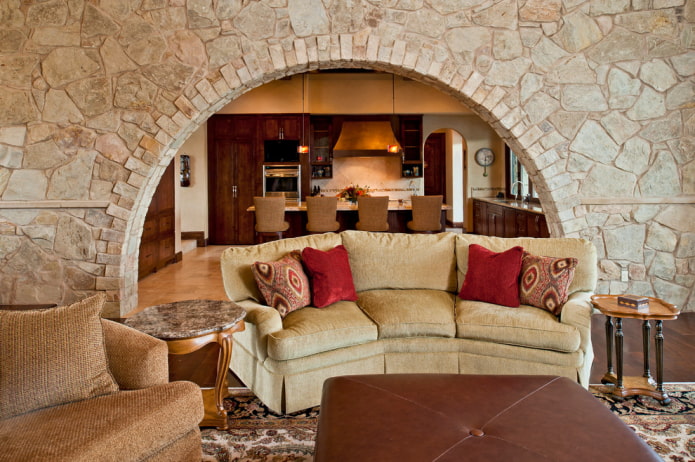 arch with decorative stone in the interior of the living room