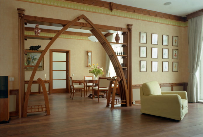 arch with shelves in the living room