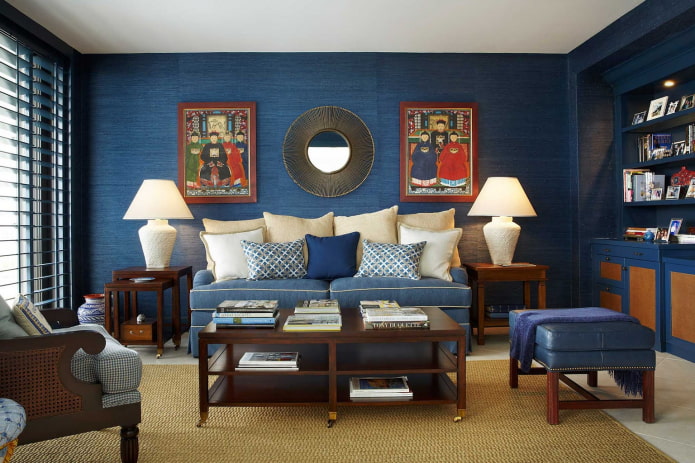 blue walls in the interior of the living room