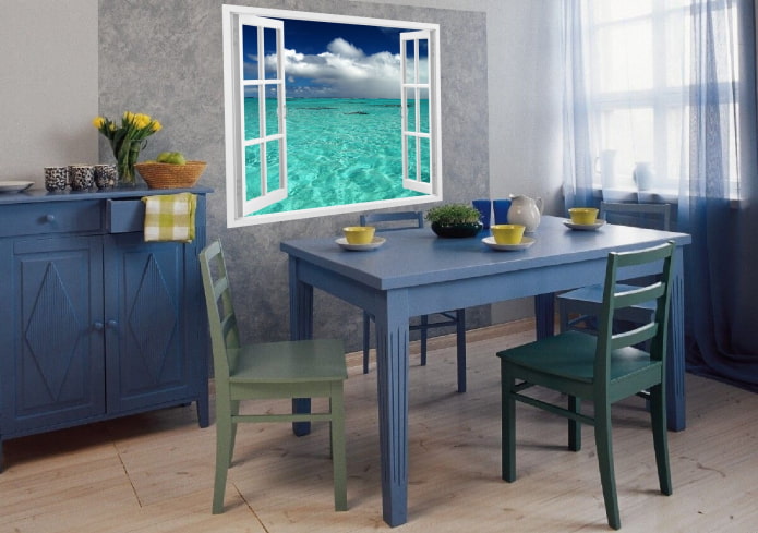 blauer Tisch aus Holz im Innenraum
