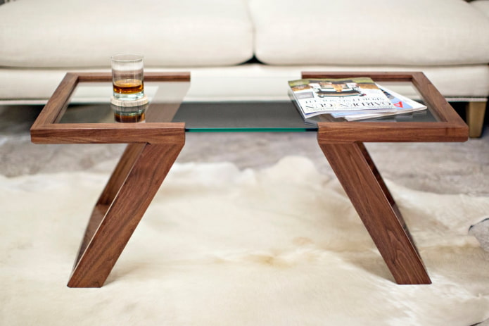 table made of wood with glass inserts in the interior