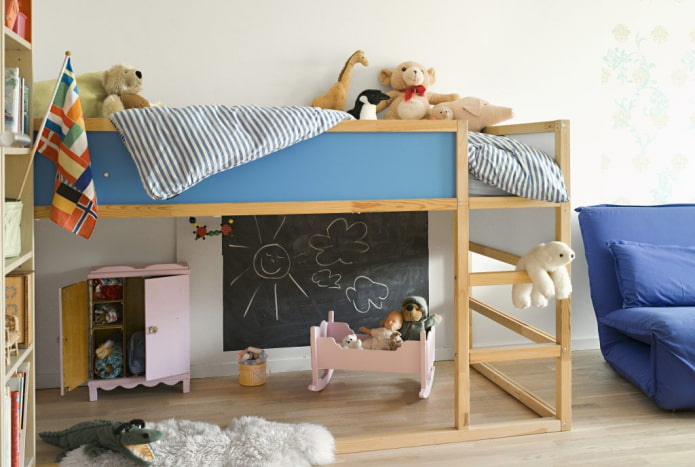 wooden loft bed in the interior