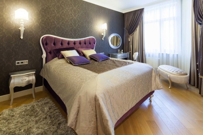 bed with purple headboard in the interior
