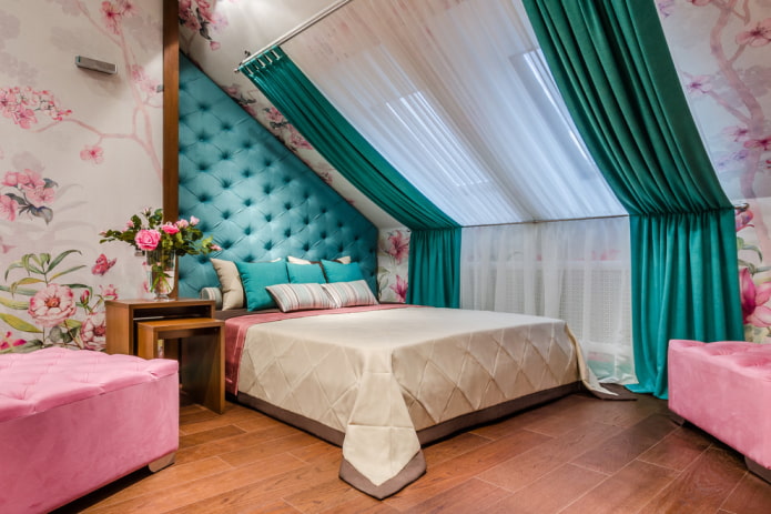 bed with turquoise headboard in the interior